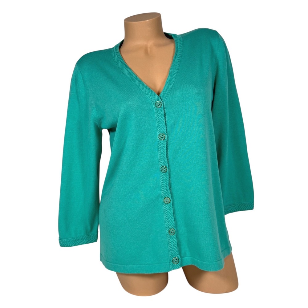 Talbots Womens Size L Teal Green V-Neck Button Front Cardigan Sweater 3/4 Sleeve